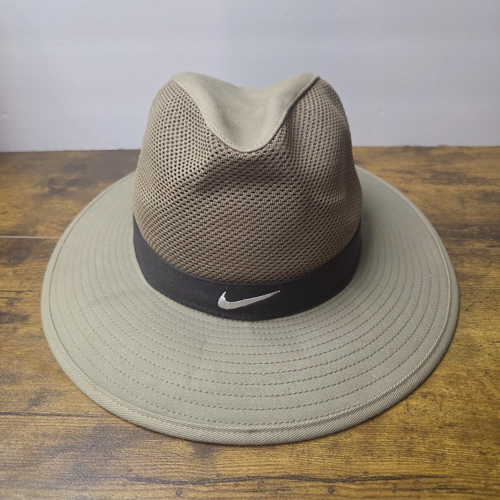 Vntg Nike Team Khaki Mesh Fedora Boonie Safari Wide Brim Sun Hat Tan Mens L/XL